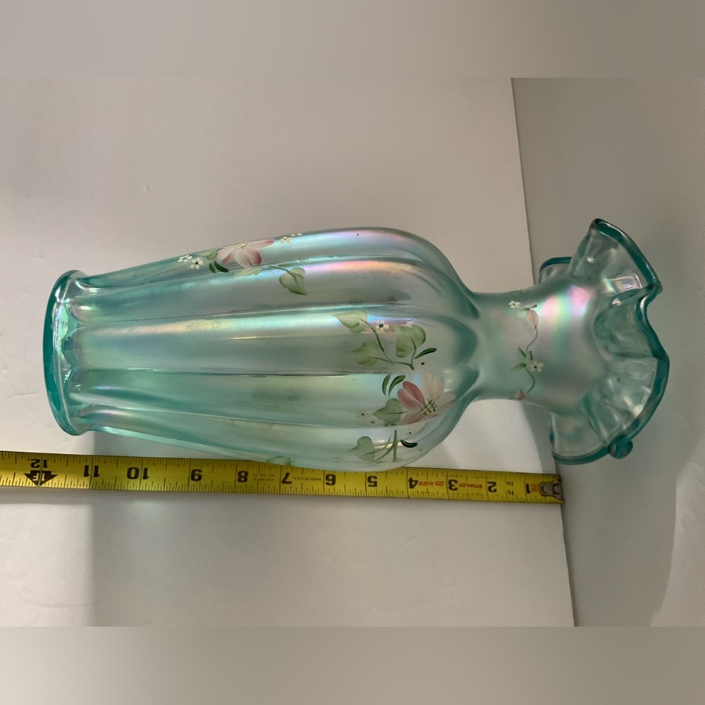 Fenton Ruffled Rim Iridescent Mist Green Vase - Picture 5 of 7